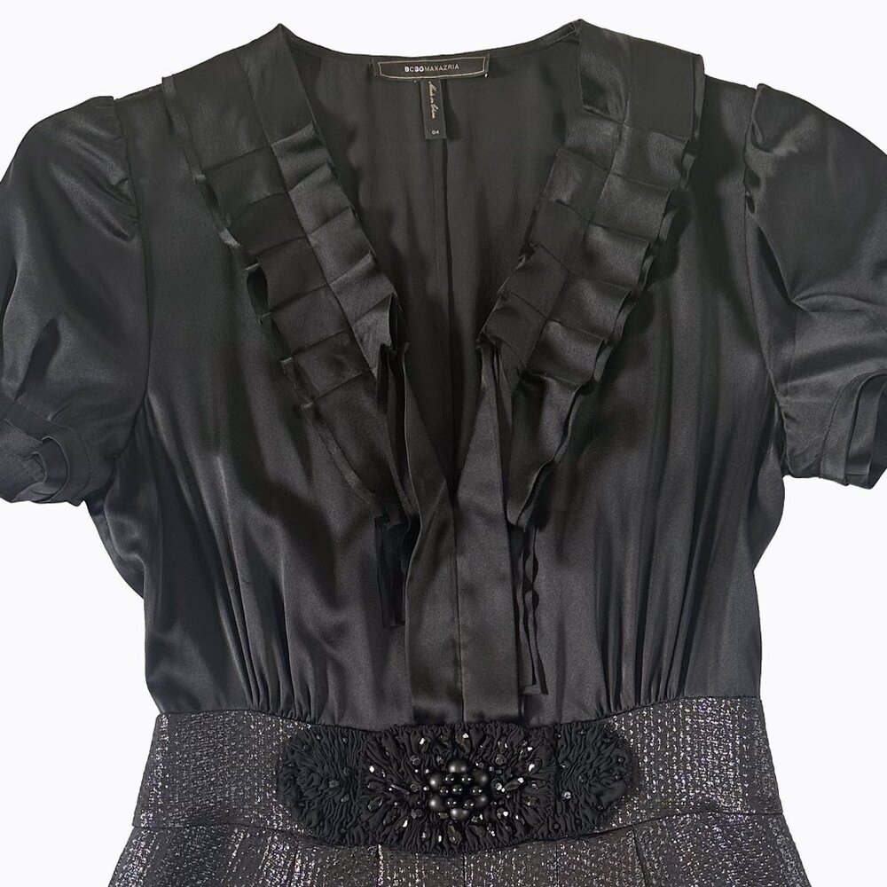 BCBGMaxAzria Black Silk Y2K Dress 4 Ruffle V-Neck Sheen Whimsigoth Coquette Chic - Picture 3 of 8